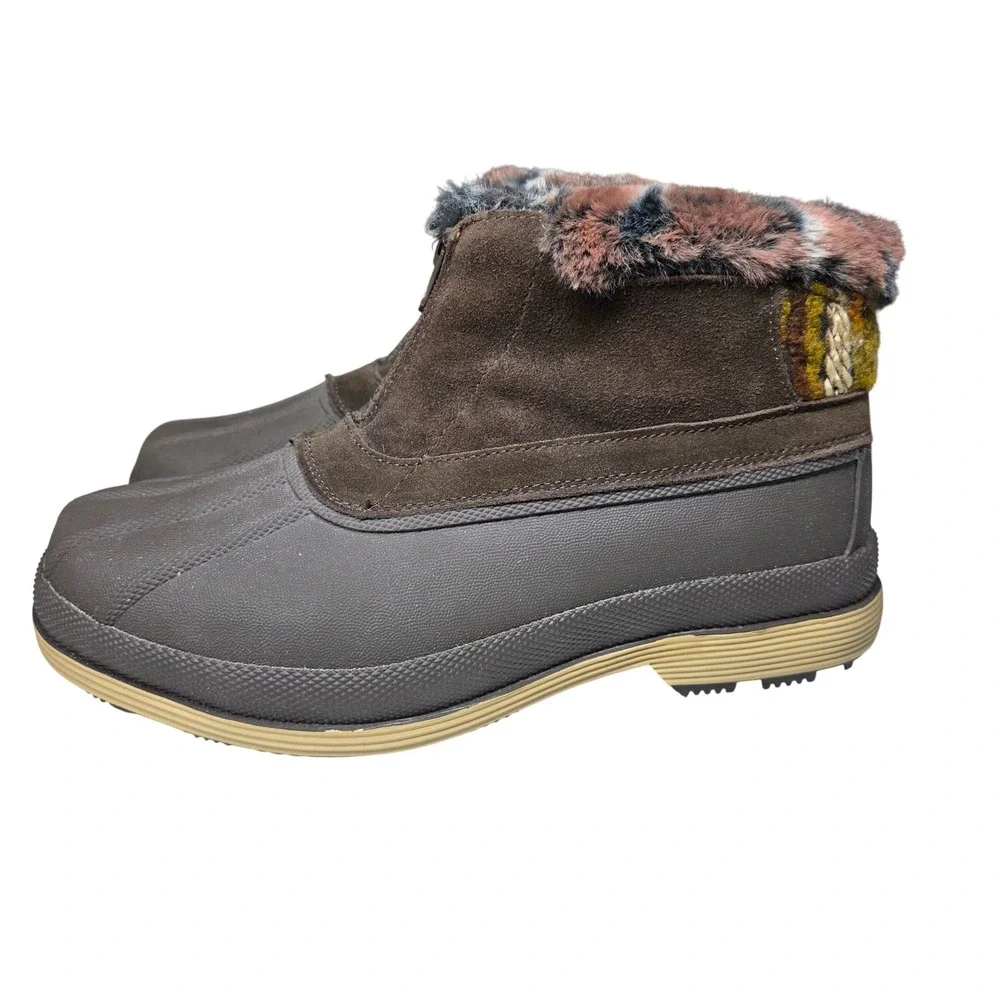 Propet Womens Duck Boots Brown Suede Faux Fur Trim Front Zip Winter Shoes Size 8